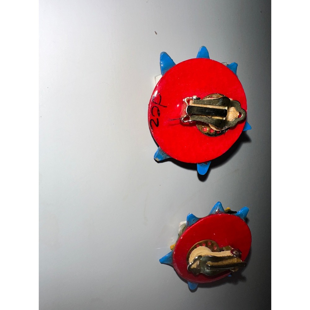 Vintage 80s Memphis Design Geometric Checkerboard Clip‎ On Earrings Multicolor - Picture 4 of 5